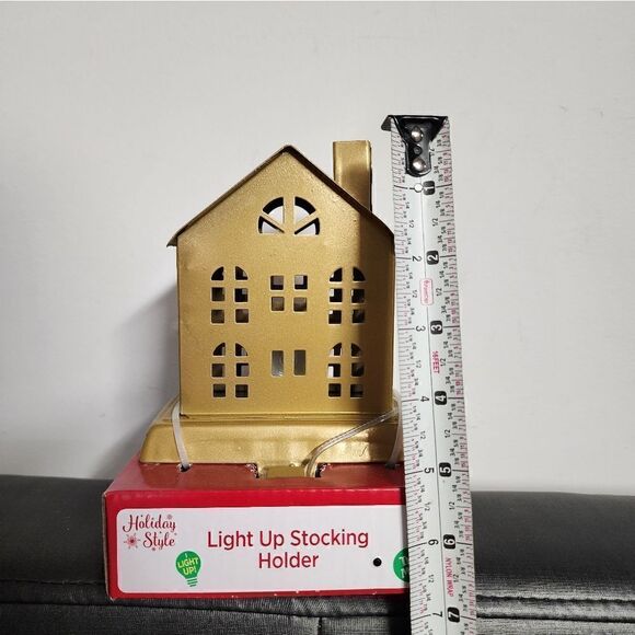 Stocking Holder Gold Metal House Christmas Holiday Light up Holiday Time - Picture 3 of 5
